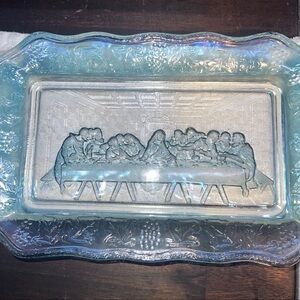 Vintage Indiana Tiara Blue Glass The Last Supper Dish Tray